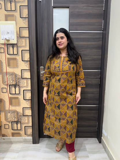 Madhubani Cotton kurta set for women mustard