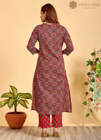 Ajrakh Printed Cotton Suit For Women - Vijay Laxmi