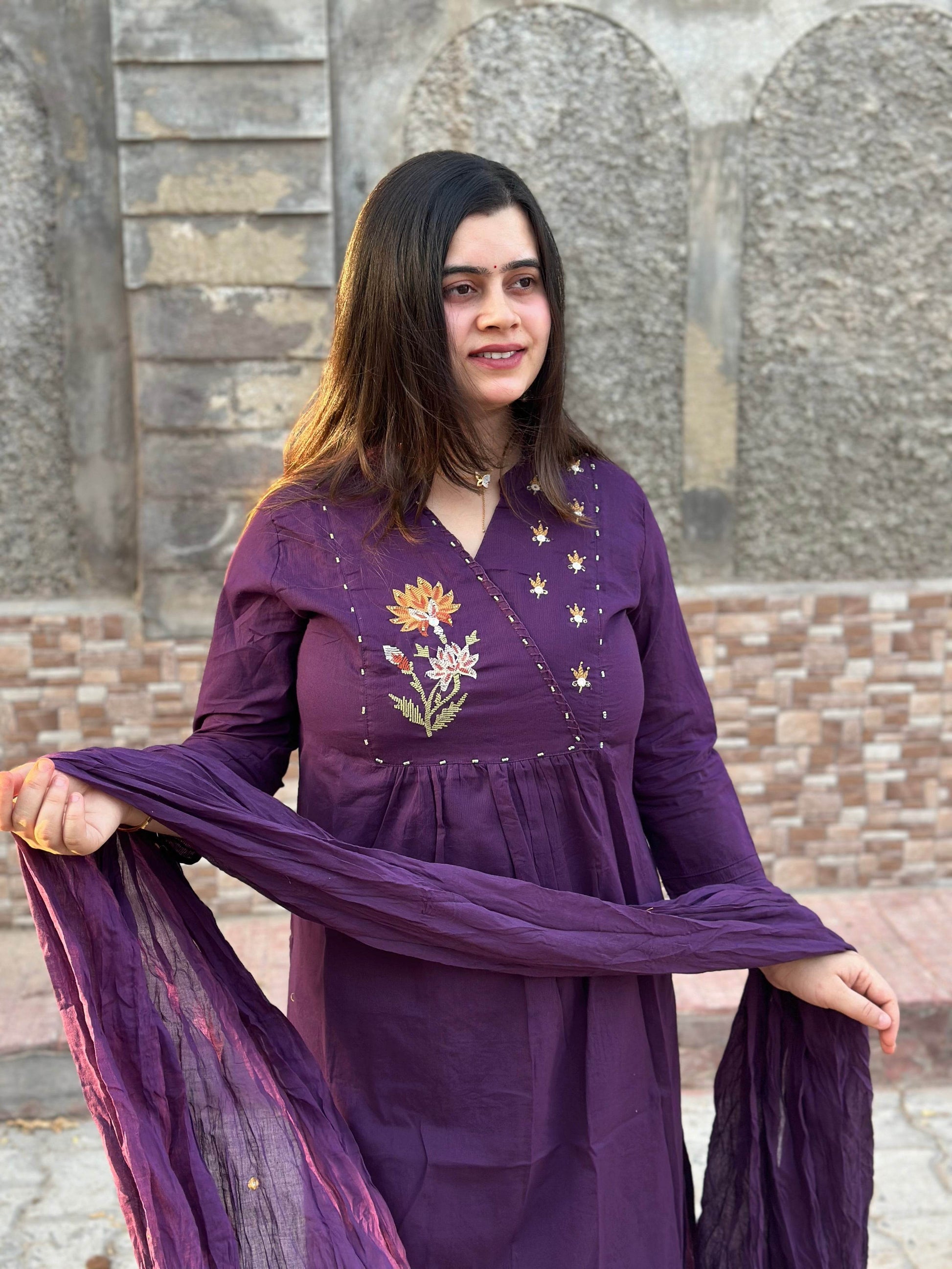Cotton kurta set for women with dupatta Purple - Vijay Laxmi