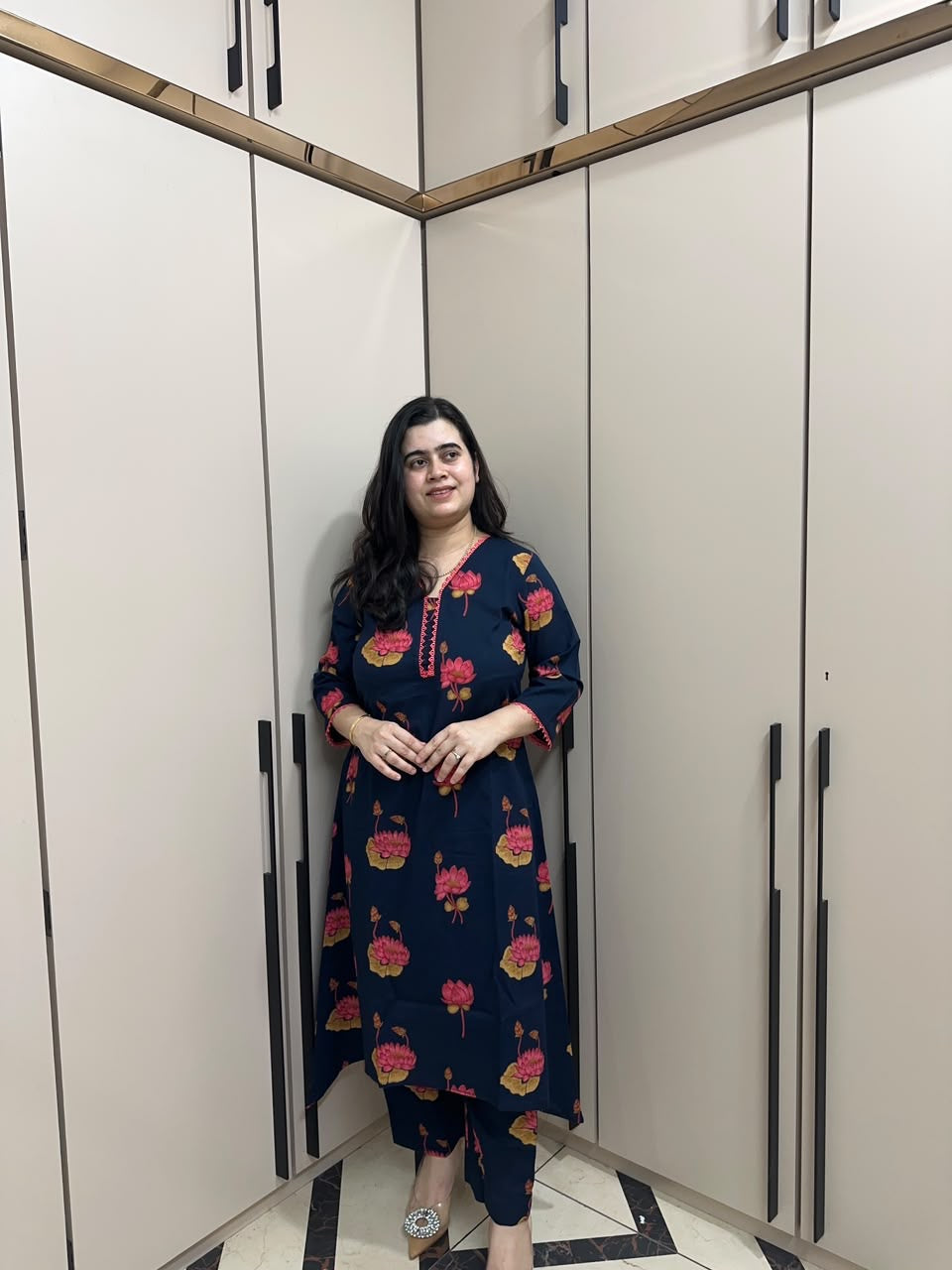 Navy Blue Floral Printed Kurta Pant Set for Women