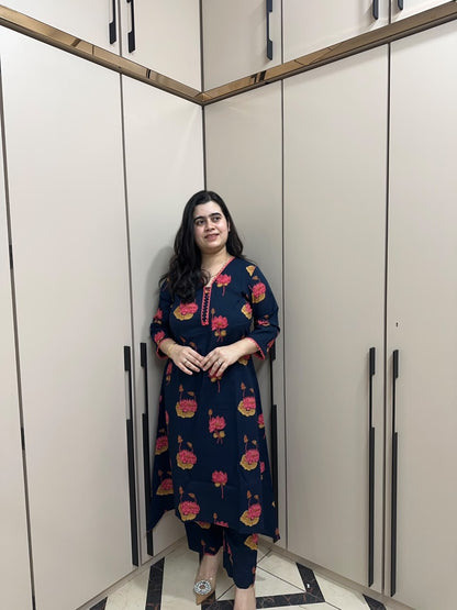 Navy Blue Floral Printed Kurta Pant Set for Women