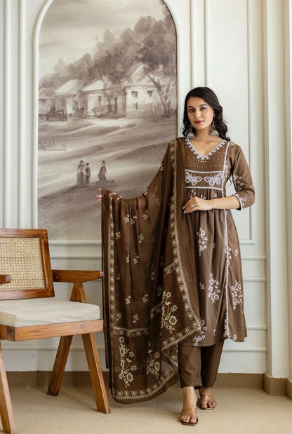 Floral Cotton Kurti Pant Dupatta Set – Thread & Lace Brown