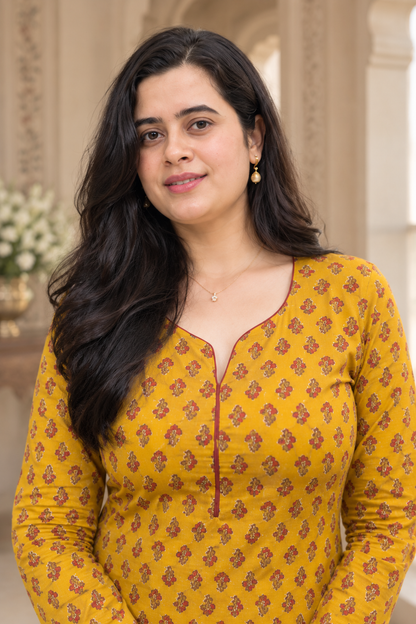 Madhubani pure cotton kurti for women mustard