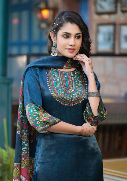 Soft Gajji Silk Suit For Women Peacock - Vijay Laxmi