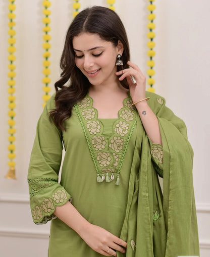 Gaurangi Embroidered Cotton Kurti Pant Dupatta Set – Thread & Lace Green