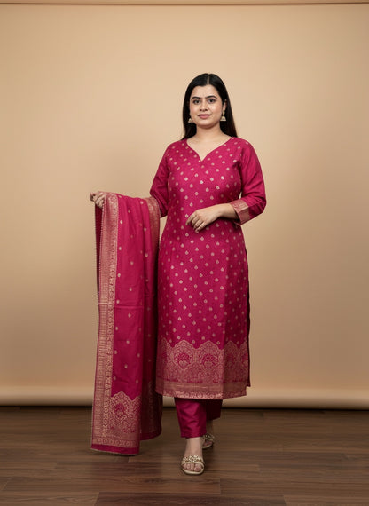 Rani Banarasi Silk Suit Set for Women- Kurta, Pant & Dupatta