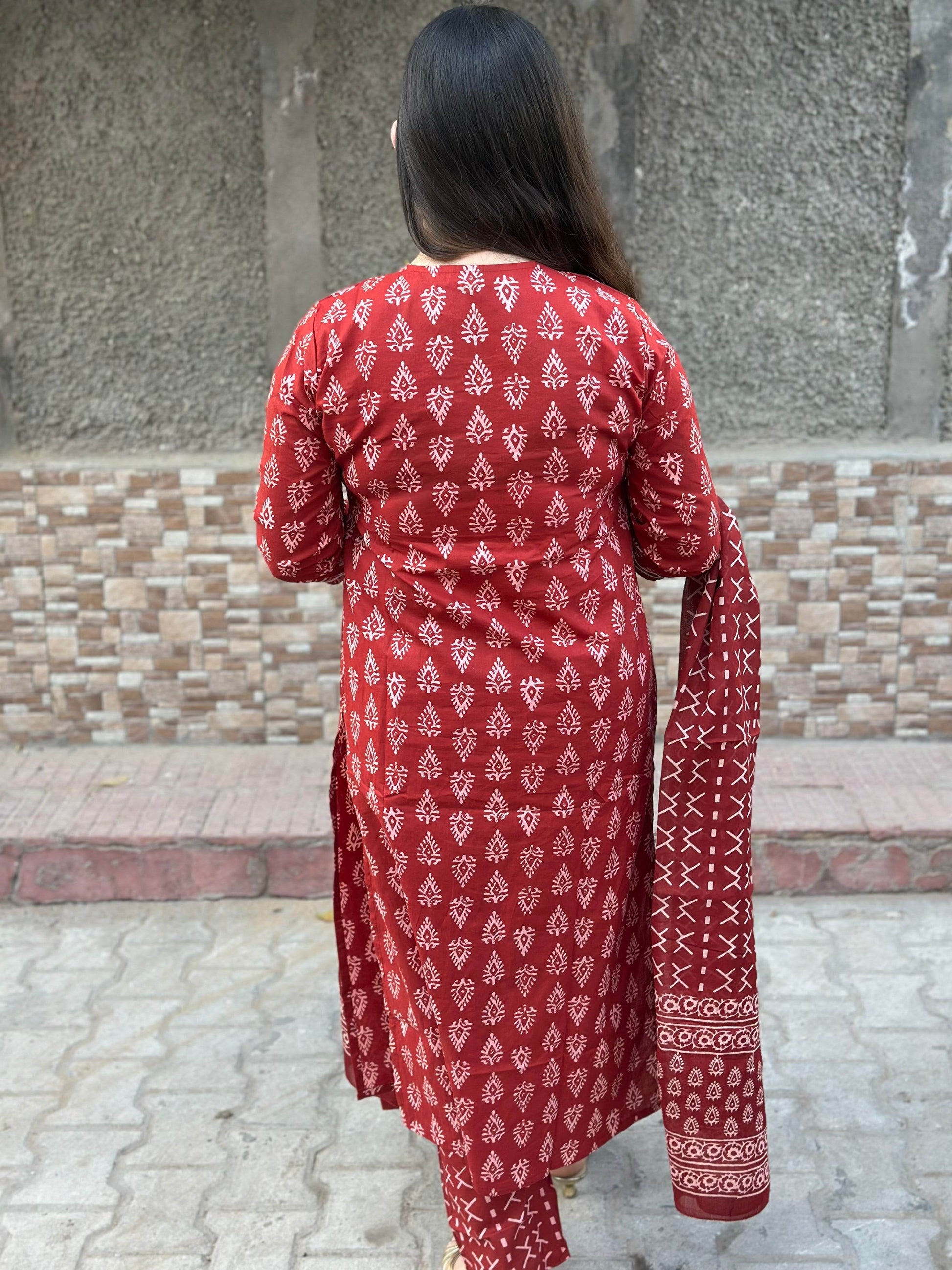 Red Bagru Cotton Suit - Vijay Laxmi