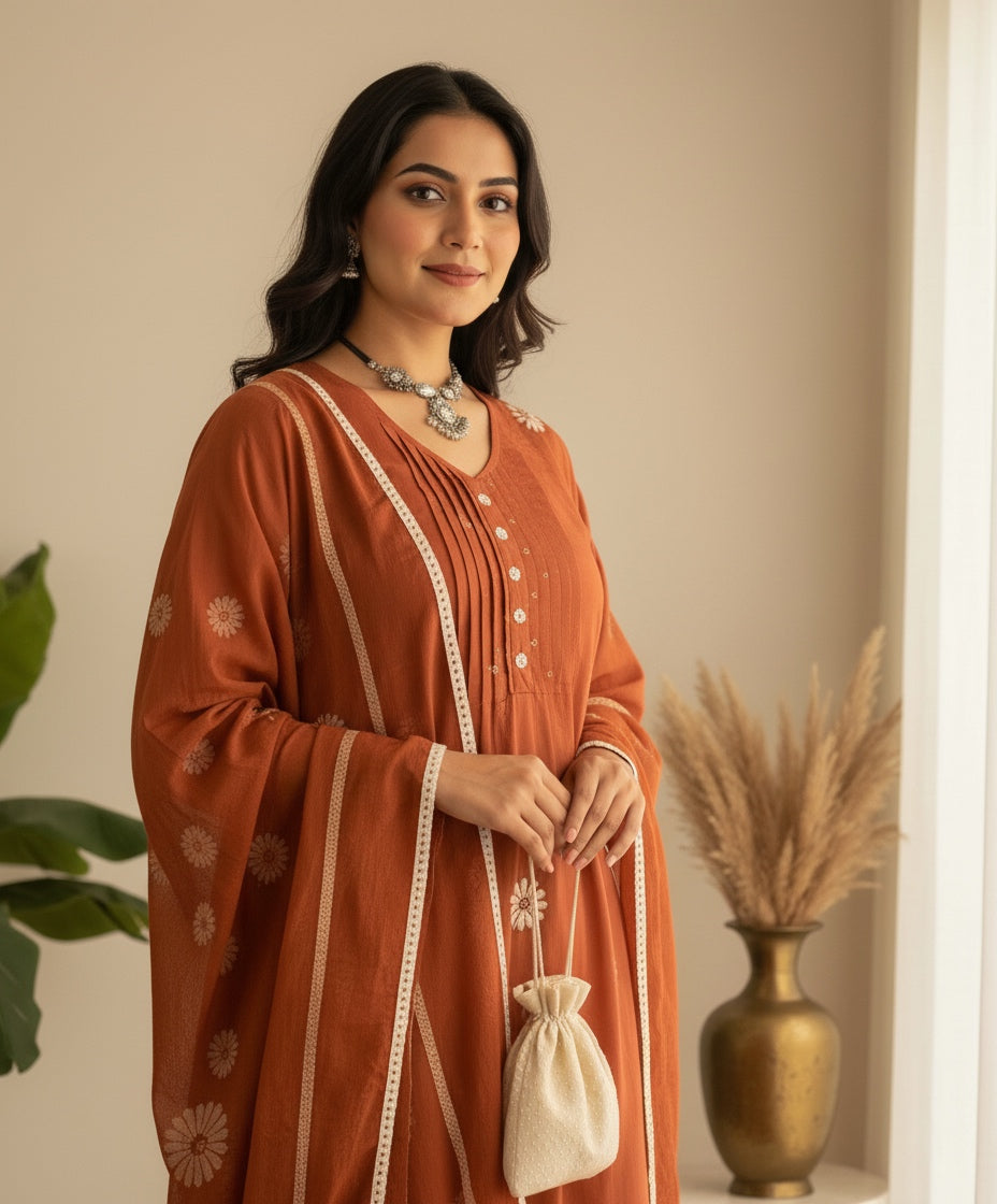 Phulaari Embroidered Cotton Kurti Pant Dupatta Set – Thread & Lace