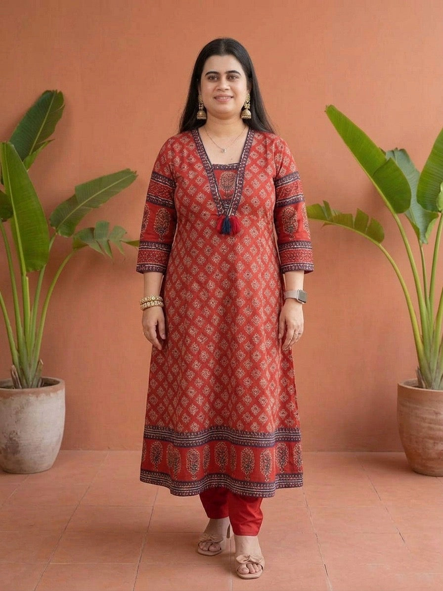 Aarohi Cotton Frock suit with dupatta & pants Red