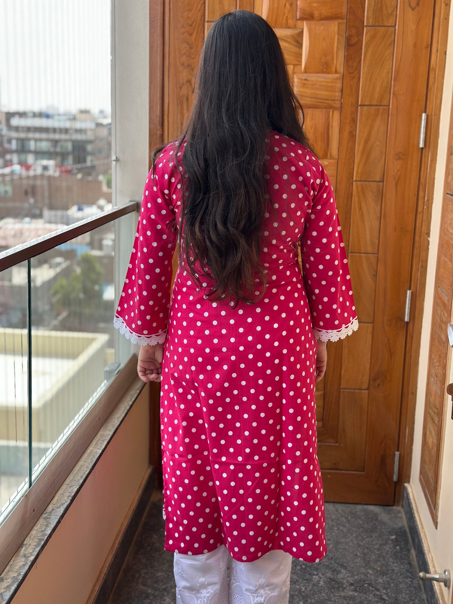 Gulmohar Cotton kurti for women polka dot pink
