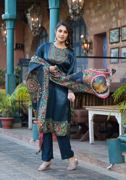 Soft Gajji Silk Suit For Women Peacock - Vijay Laxmi