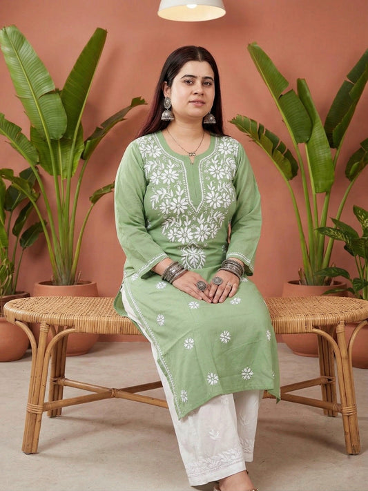 Chikankari Modal Kurti Green