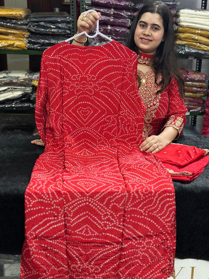 Maharani Handcrafted Bandhej  Embroidery Suit Set Red