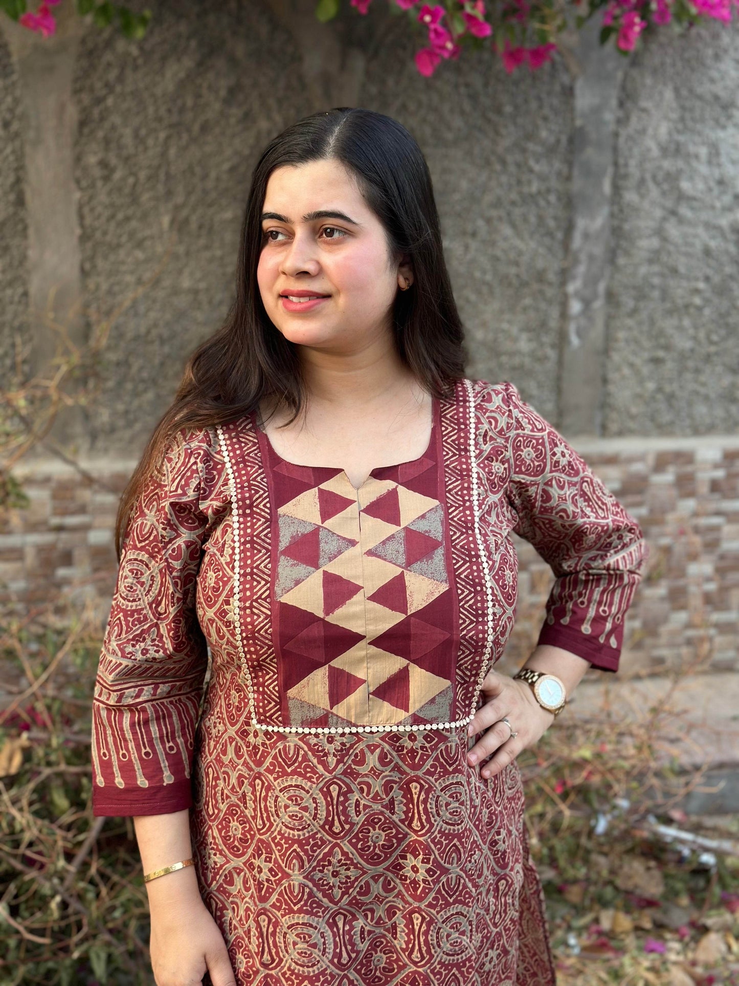 Airy Bagru Cotton Kurti for women rust - Vijay Laxmi