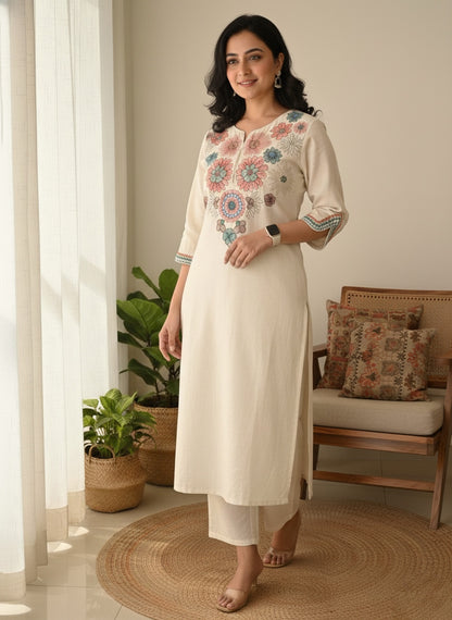 Off White Embroidered Cotton Flex Kurta Set