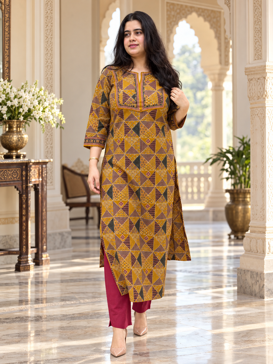 Madhubani Cotton kurta set for women mustard