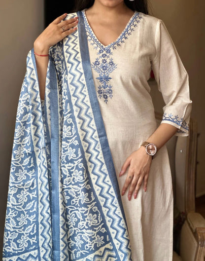 Off White Embroidered Cotton Flex Suit Set with Cotton Silk Dupatta