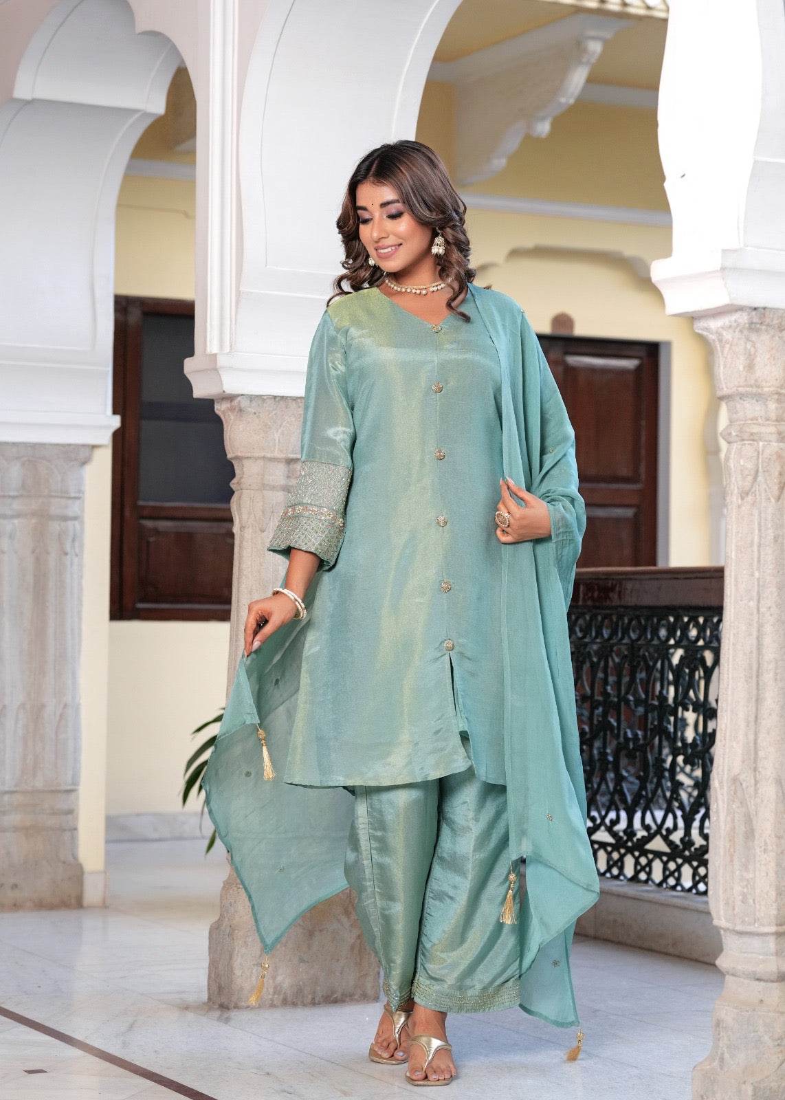 Shimmer Silk suit For Women Aqua - Vijay Laxmi