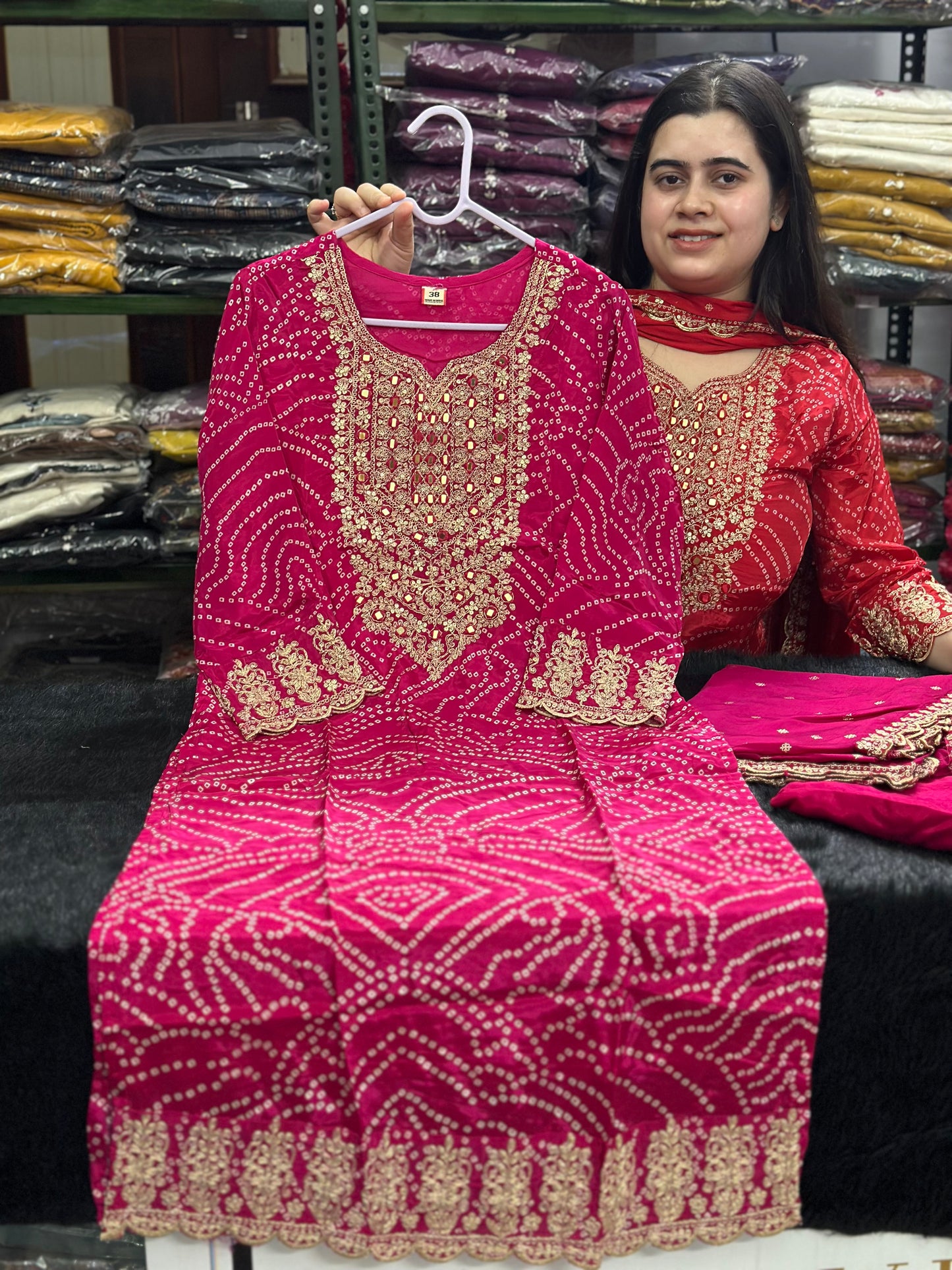 Maharani Handcrafted Bandhej  Embroidery Suit Set Pink