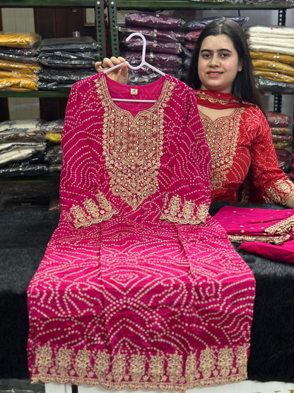 Maharani Handcrafted Bandhej  Embroidery Suit Set Pink