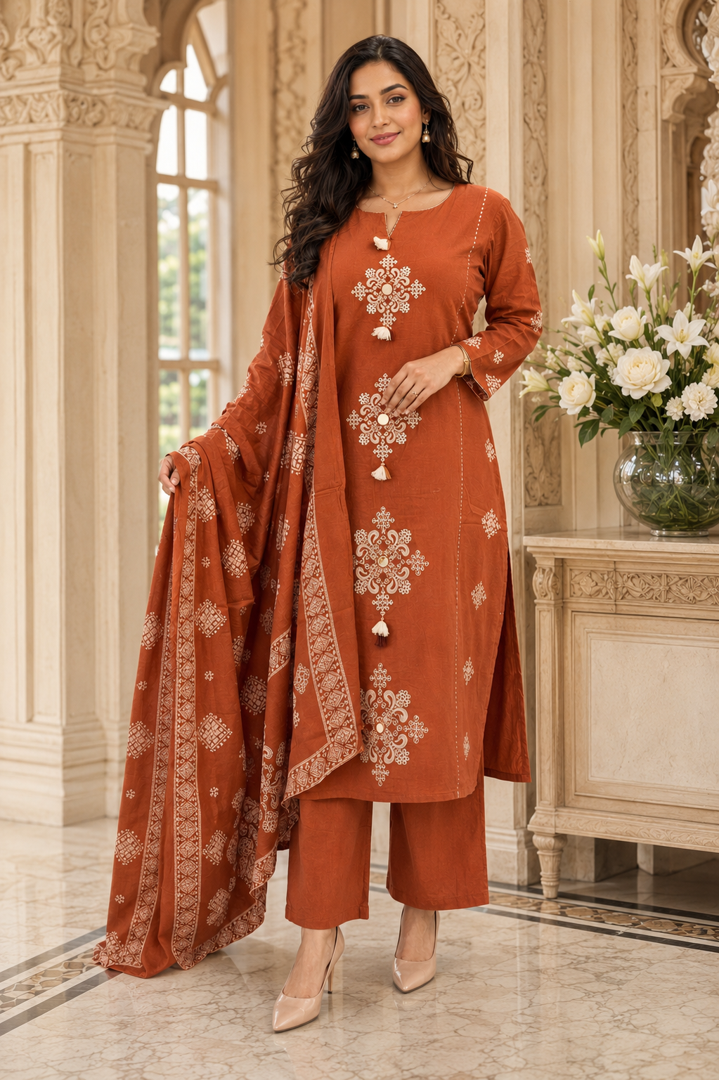 Noor thread work cotton kurta set with pants & dupatta