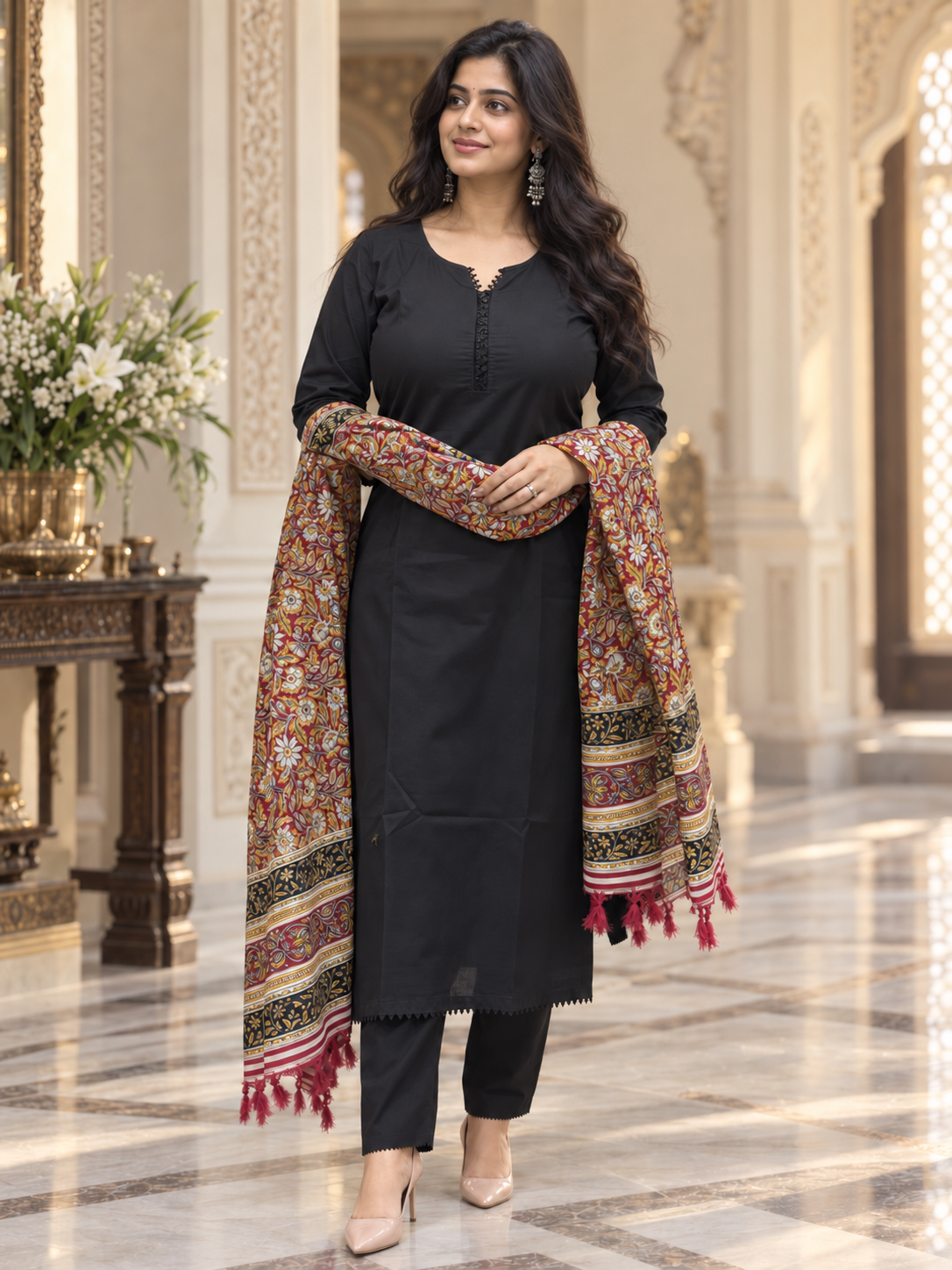 Madhubani Cotton Kurta Set for Women Black