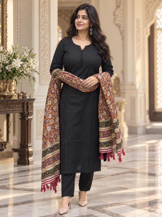Madhubani Cotton Kurta Set for Women Black