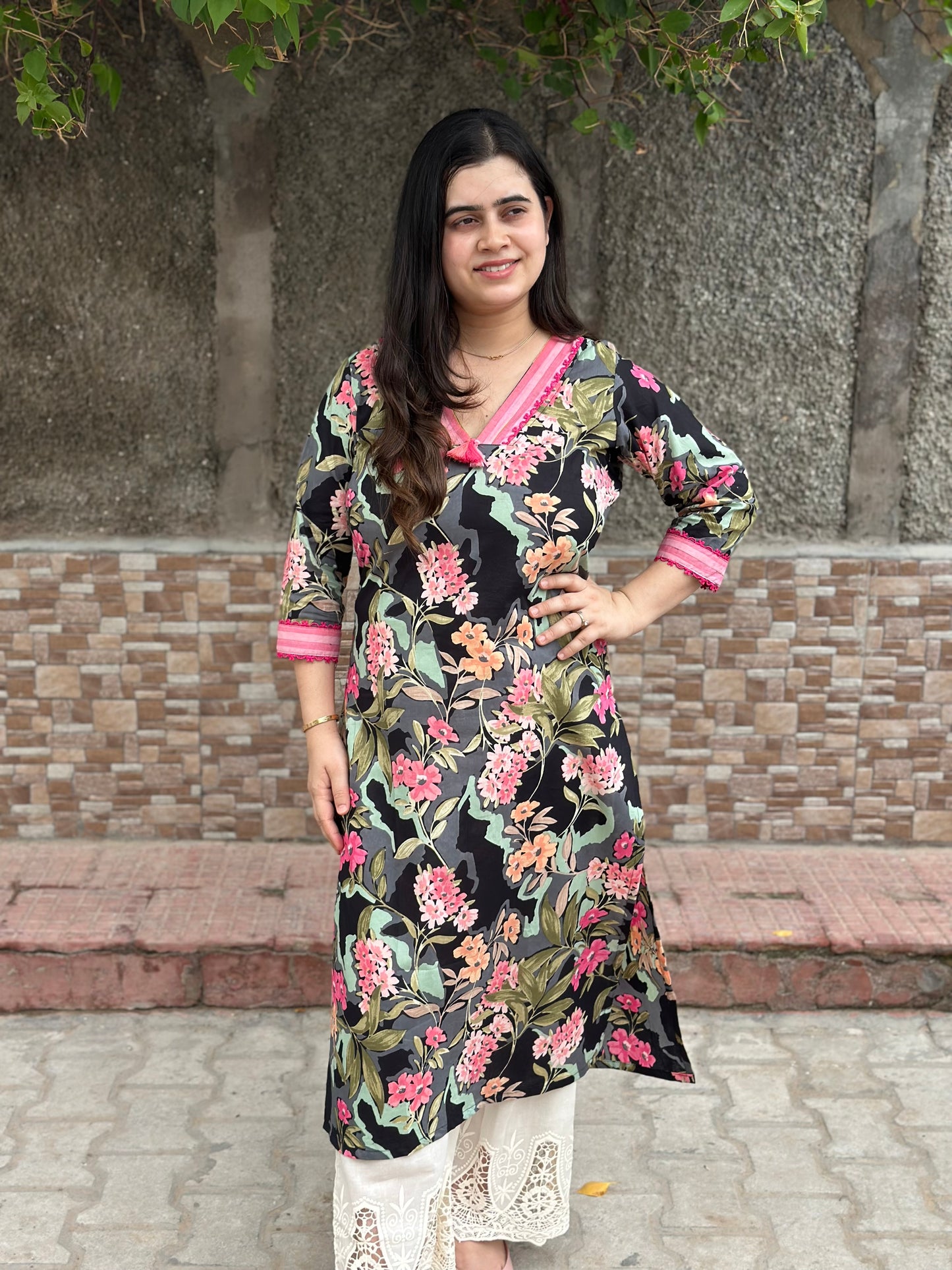 Premium Floral Black Cotton Kurti For Women