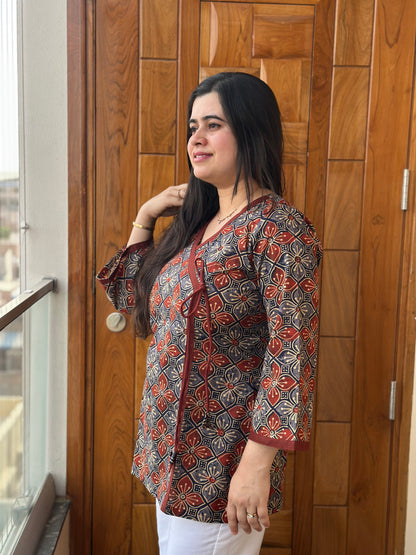 Jasmine short kurti Ajrakh
