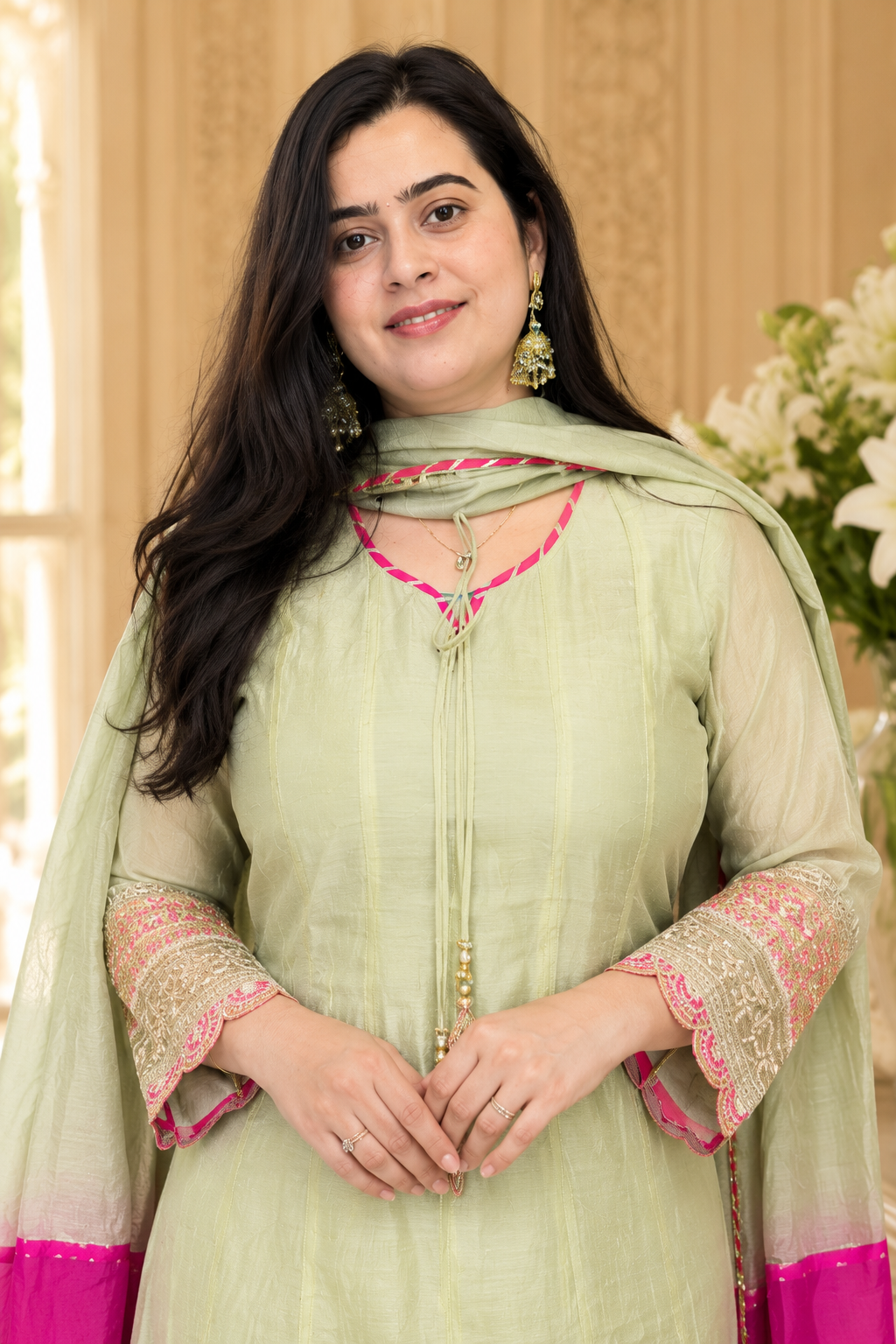Nazara festive mul chanderi anarkali kurta set with pant & dupatta