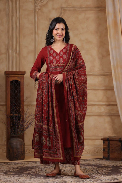 Ajrakh Printed Cotton Suit For Women - Vijay Laxmi