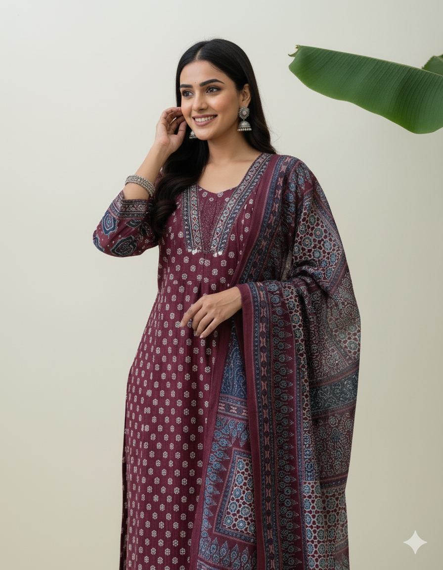 Mehar Anarkali Cotton Kurti Pant Dupatta Set – Thread & Lace Work (Only Pre-booking)