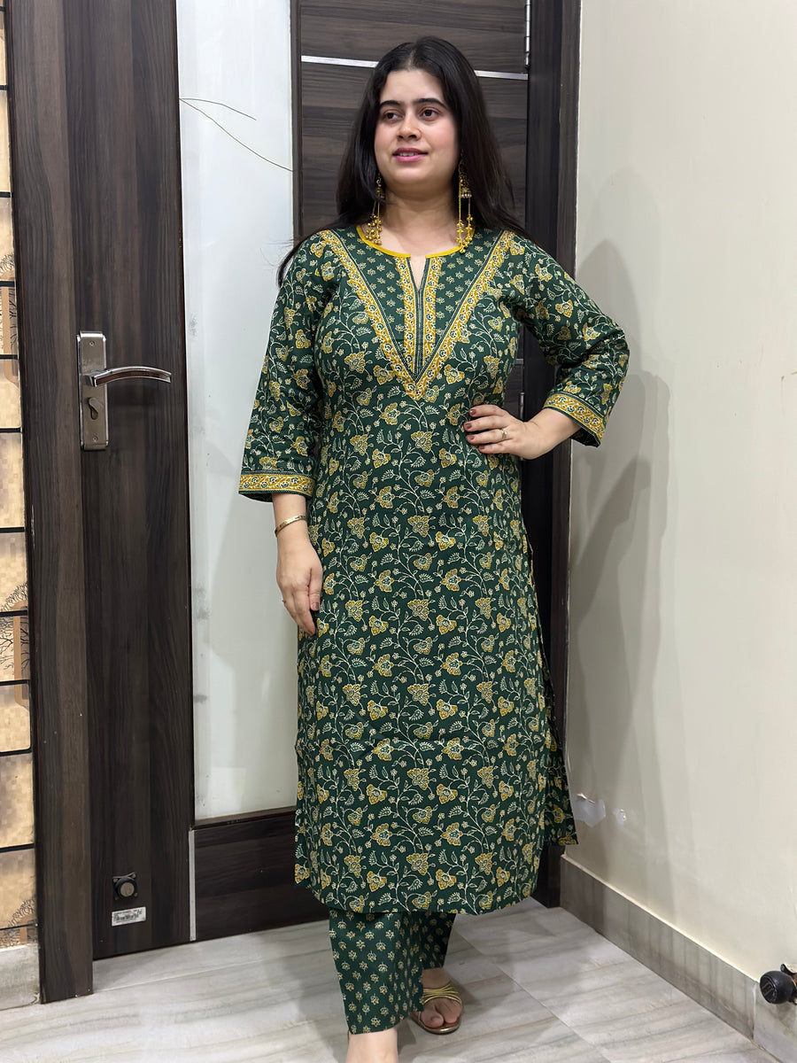 Madhubani Cotton kurta set for women green