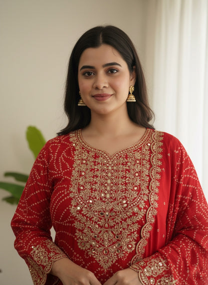 Maharani Handcrafted Bandhej  Embroidery Suit Set Red