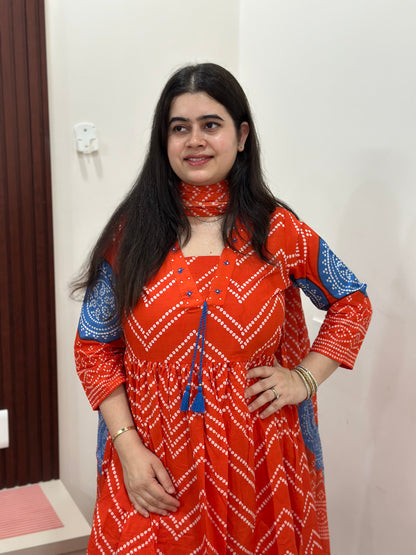 Gulzar Bandhani Anarkali Cotton kurta Set with dupatta Orange