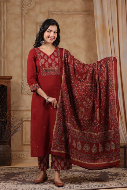 Ajrakh Printed Cotton Suit For Women - Vijay Laxmi