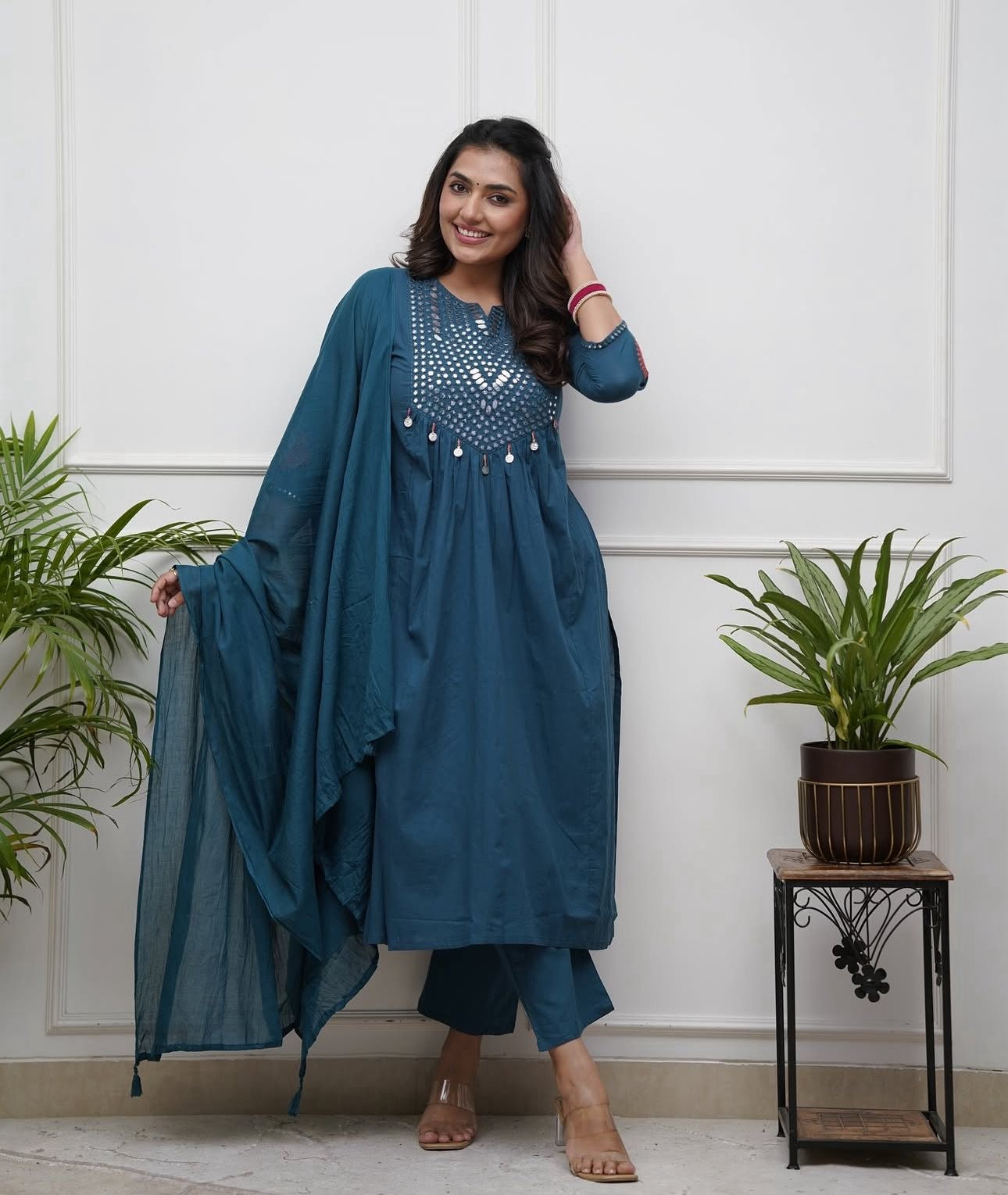 Teal Blue Cotton Kurti Pant Dupatta Set – Threadwork & Mirror Work