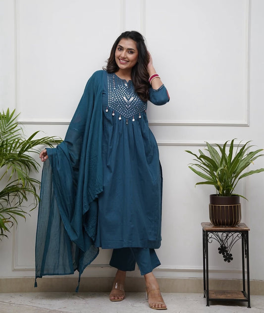 Teal Blue Cotton Kurti Pant Dupatta Set – Threadwork & Mirror Work