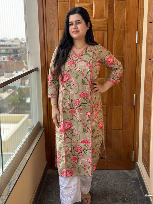 Gulmohar Cotton kurti for women Kalamkari beige