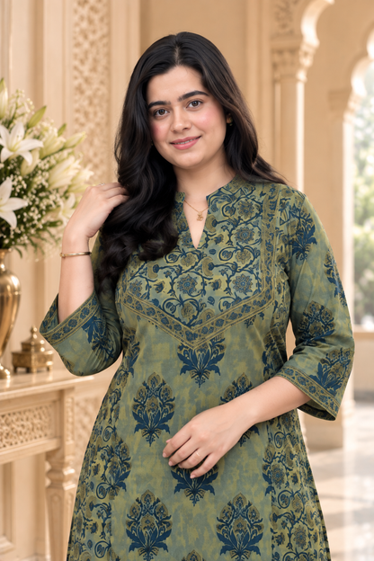 Nazakat Cotton kurta set for women green