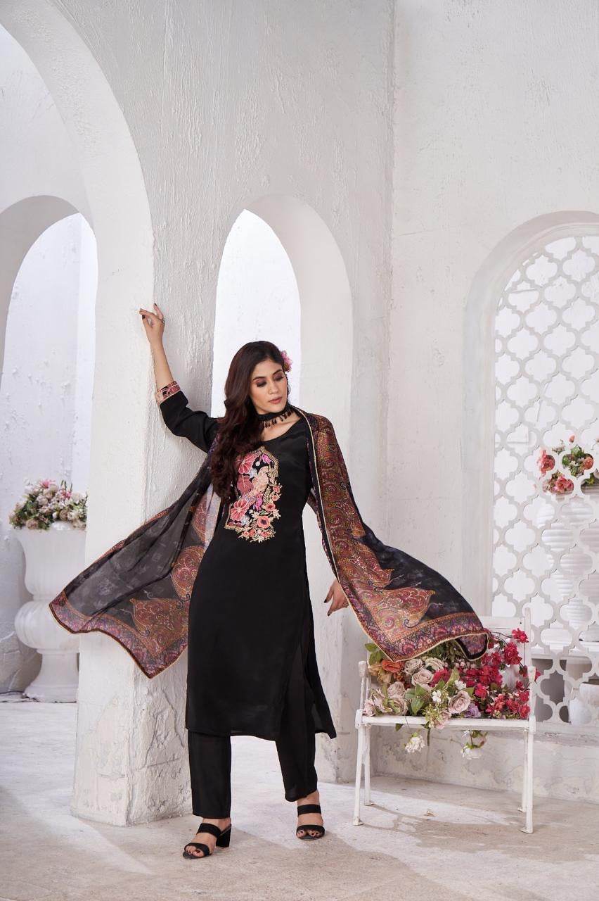 Soft Crepe Silk Suit For Women Black - Vijay Laxmi