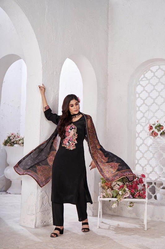 Soft Crepe Silk Suit For Women Black - Vijay Laxmi