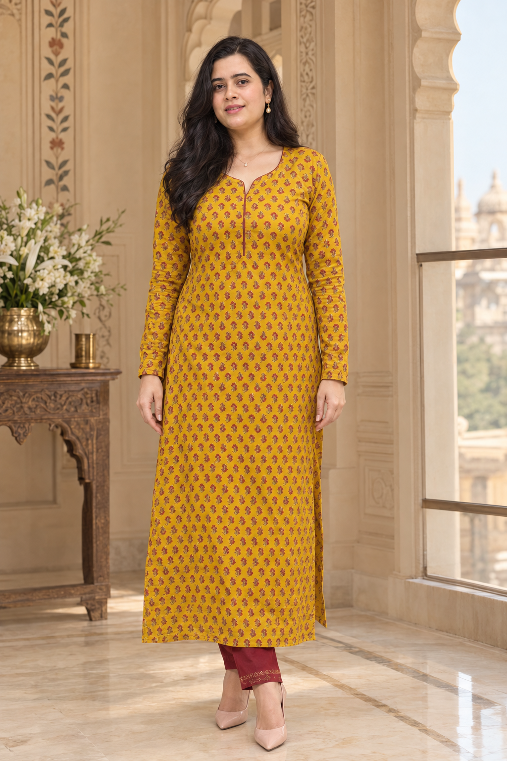 Madhubani pure cotton kurti for women mustard