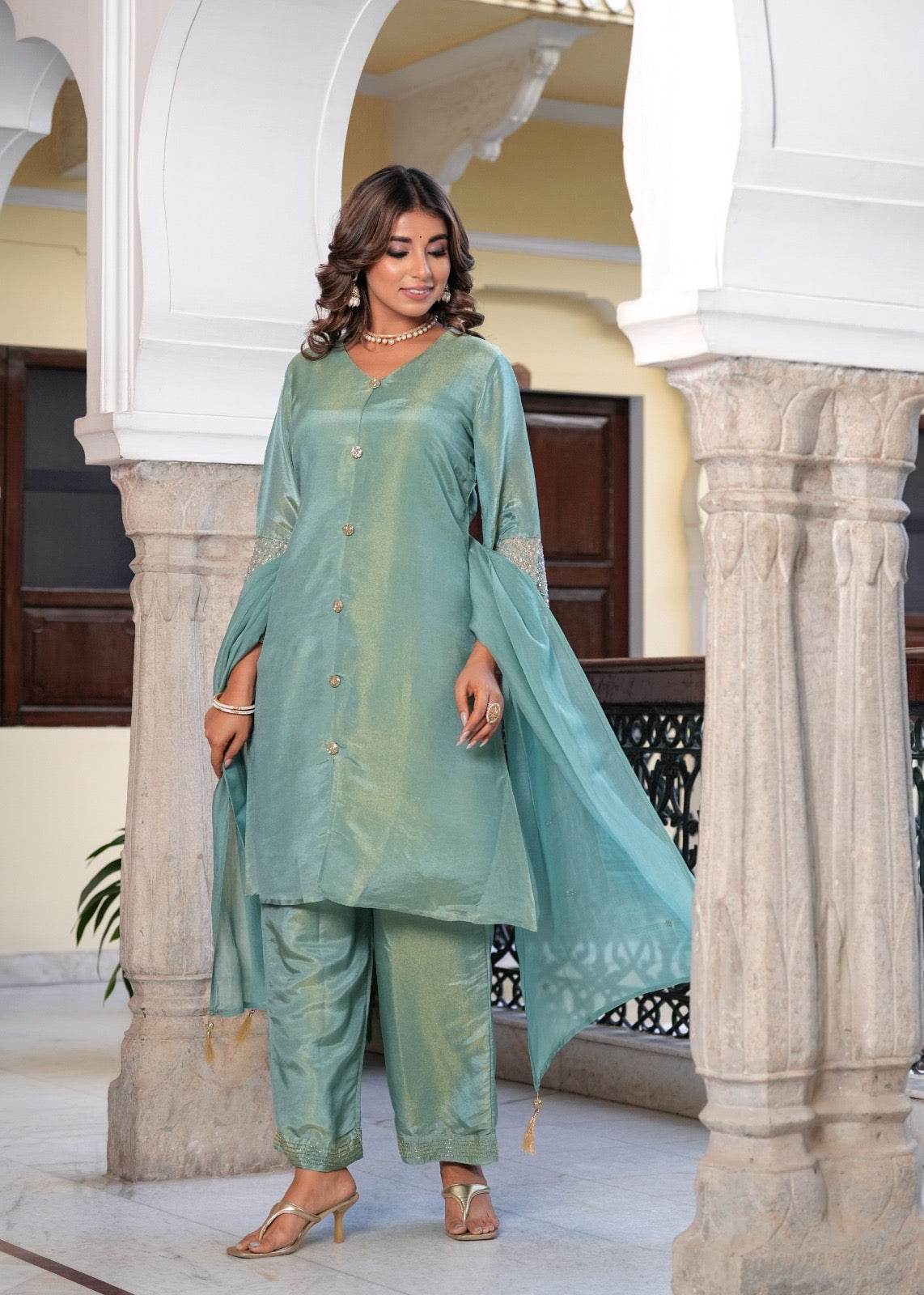 Shimmer Silk suit For Women Aqua - Vijay Laxmi