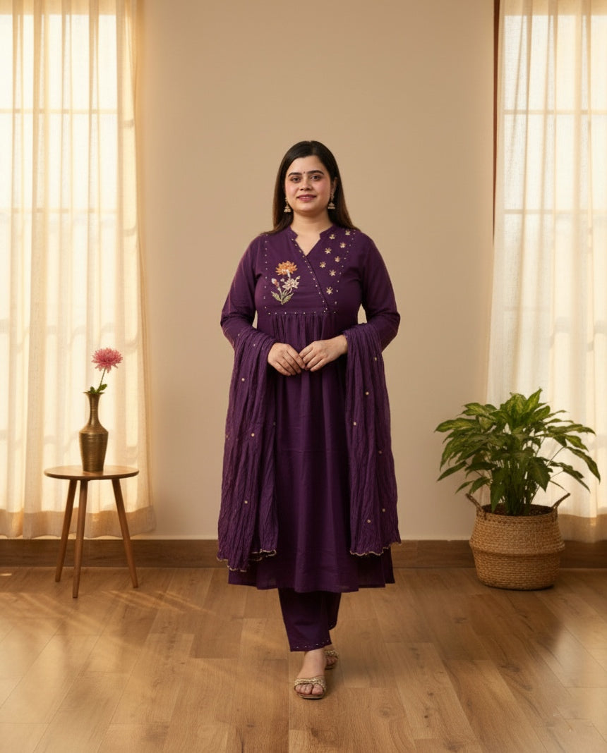Cotton kurta set for women with dupatta Purple