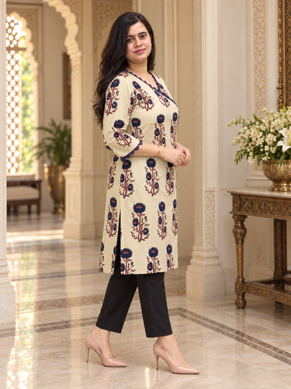 Madhubani pure cotton kurti for women cream