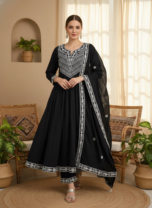 Premium Cotton Designer Thread Embroidered Anarkali Suit Set