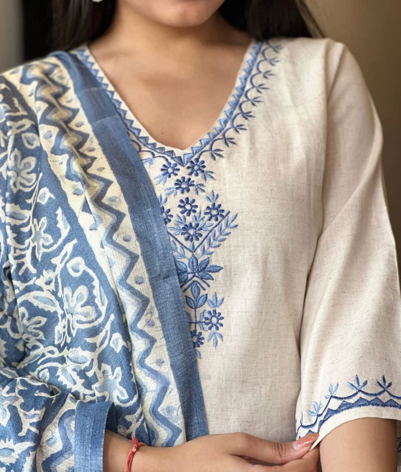 Off White Embroidered Cotton Flex Suit Set with Cotton Silk Dupatta