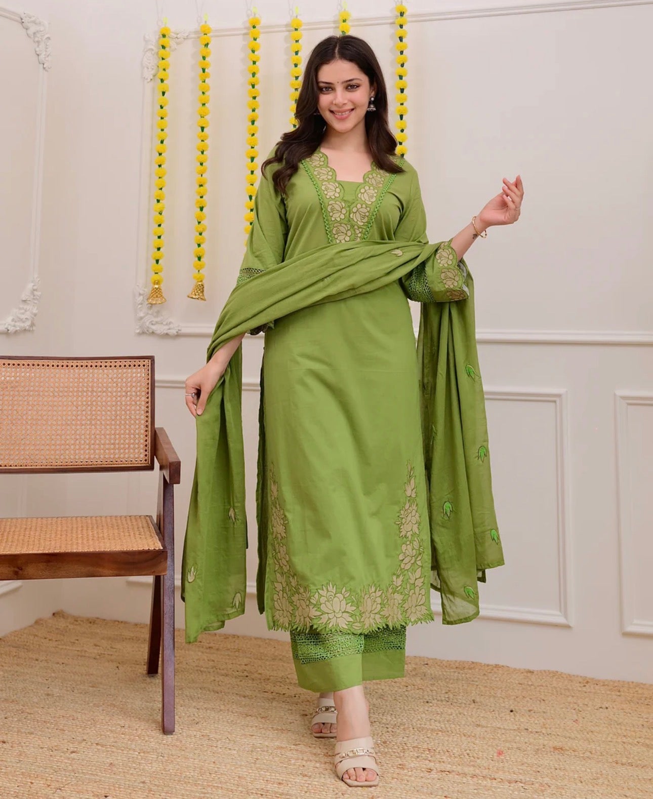 Gaurangi Embroidered Cotton Kurti Pant Dupatta Set – Thread & Lace Green