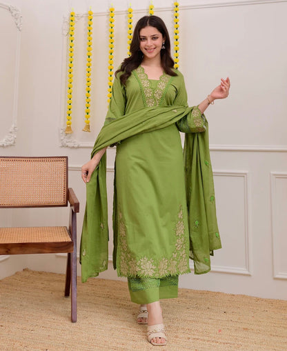 Gaurangi Embroidered Cotton Kurti Pant Dupatta Set – Thread & Lace Green
